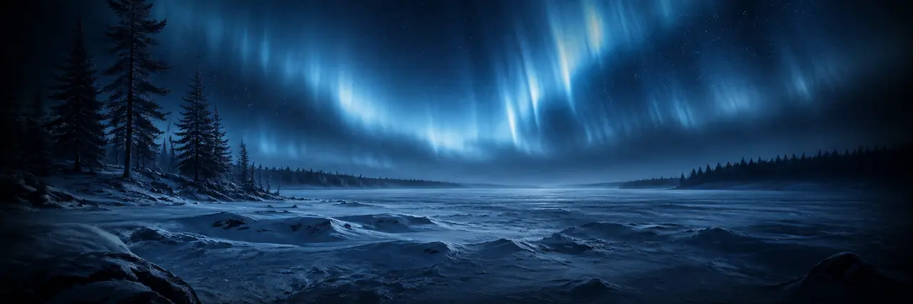 Winter wilderness under a northern aurora